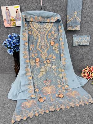Light blue embroidered faux georgette semi stitched salwar suit 4