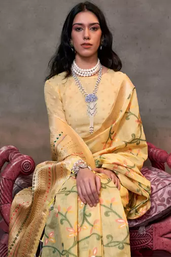 Yellow Span Cotton Jacquard Woven Saree With Blouse