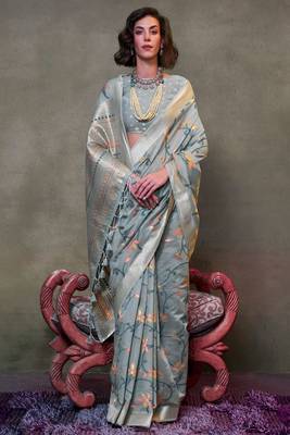Grey Span Cotton Jacquard Woven Saree With Blouse 1