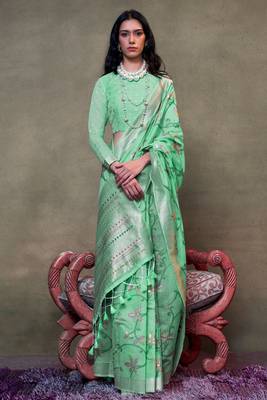 Pista Green Span Cotton Jacquard Woven Saree With Blouse 1