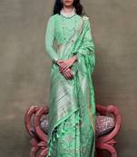 Pista Green Span Cotton Jacquard Woven Saree With Blouse