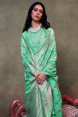 Pista Green Span Cotton Jacquard Woven Saree With Blouse 2