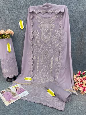 Lavender embroidered faux georgette semi stitched salwar suit 5