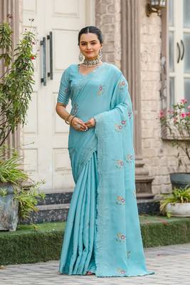 Sky soft Tussar silk Embroidary Border & Butti saree with Blouse 1