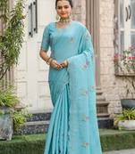 Sky soft Tussar silk Embroidary Border & Butti saree with Blouse