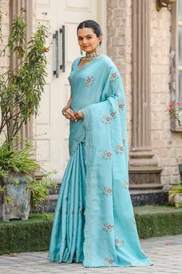 Sky soft Tussar silk Embroidary Border & Butti saree with Blouse 2