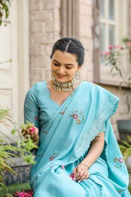Sky soft Tussar silk Embroidary Border & Butti saree with Blouse 3