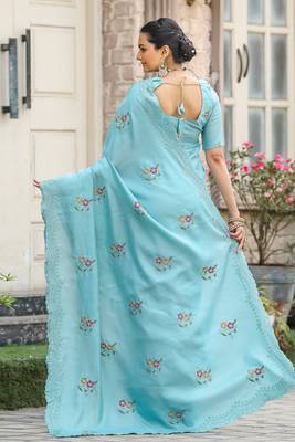 Sky soft Tussar silk Embroidary Border & Butti saree with Blouse 5