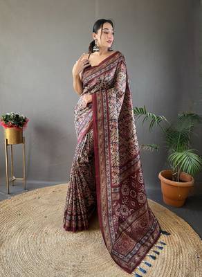 Black Kalamkari style cotton bland print work saree with Blouse 1