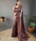 Black Kalamkari style cotton bland print work saree with Blouse