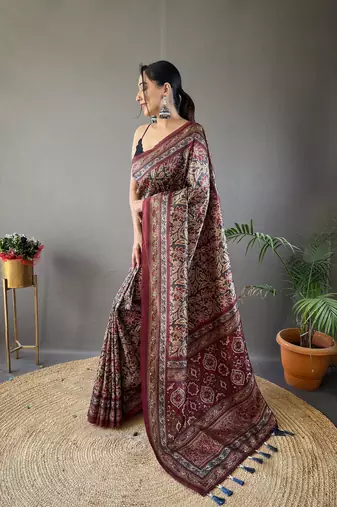 Black Kalamkari style cotton bland print work saree with Blouse
