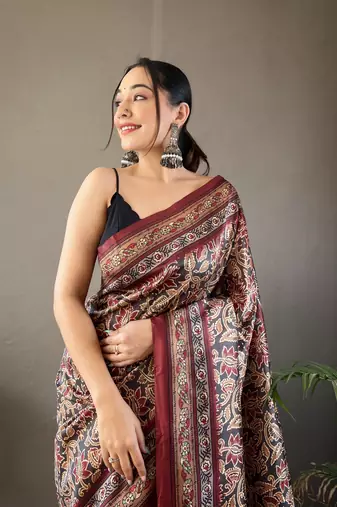 Black Kalamkari style cotton bland print work saree with Blouse