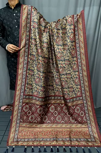 Black Kalamkari style cotton bland print work saree with Blouse