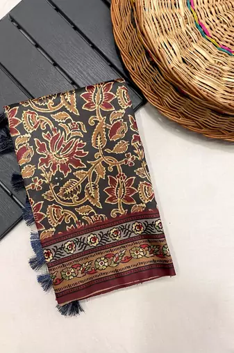 Black Kalamkari style cotton bland print work saree with Blouse