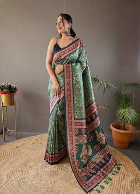 Green Kalamkari style cotton bland print work saree with Blouse 1