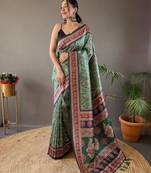 Green Kalamkari style cotton bland print work saree with Blouse