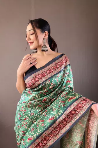 Green Kalamkari style cotton bland print work saree with Blouse