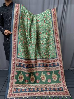 Green Kalamkari style cotton bland print work saree with Blouse 4