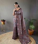 Grey Kalamkari style cotton bland print work saree with Blouse