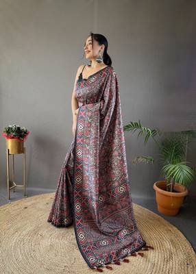 Grey Kalamkari style cotton bland print work saree with Blouse 2