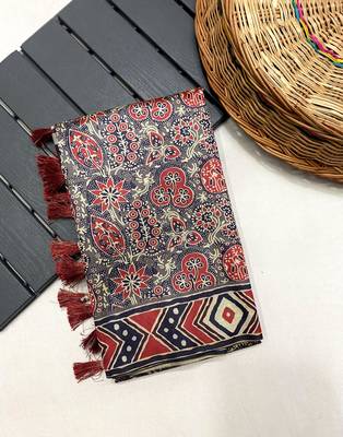 Grey Kalamkari style cotton bland print work saree with Blouse 5