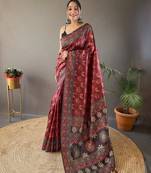 Red Kalamkari style cotton bland print work saree with Blouse