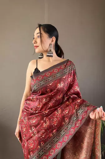 Red Kalamkari style cotton bland print work saree with Blouse