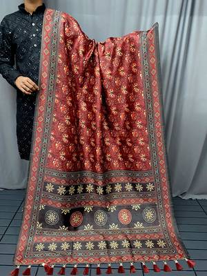 Red Kalamkari style cotton bland print work saree with Blouse 4