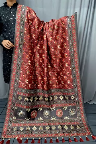 Red Kalamkari style cotton bland print work saree with Blouse