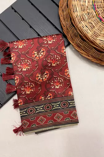 Red Kalamkari style cotton bland print work saree with Blouse
