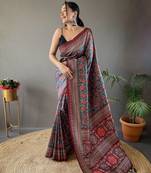 Blue Kalamkari style cotton bland print work saree with Blouse
