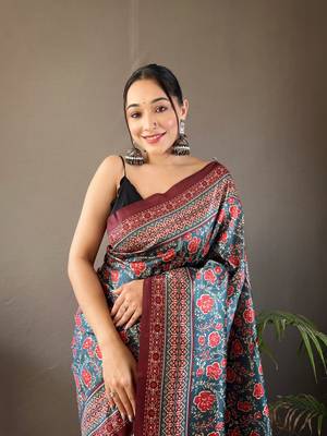 Blue Kalamkari style cotton bland print work saree with Blouse 3