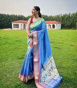 Denim Blue Paithani style of contrust border silk bland zari weaving saree with Blouse