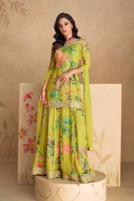 Lime Green Floral Georgette Sharara Suit with Embellished Borders (Size Upto 42) 1