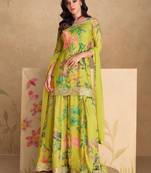 Lime Green Floral Georgette Sharara Suit with Embellished Borders (Size Upto 42)