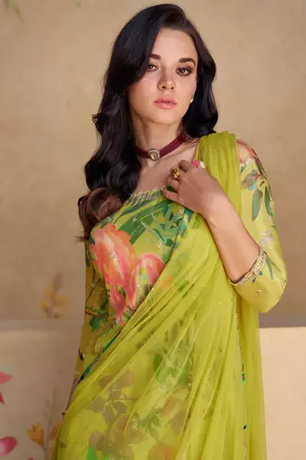 Lime Green Floral Georgette Sharara Suit with Embellished Borders (Size Upto 42)