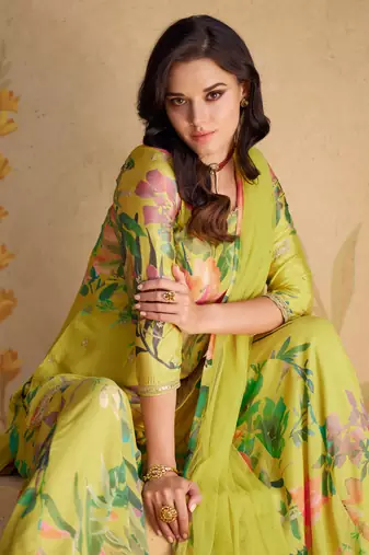 Lime Green Floral Georgette Sharara Suit with Embellished Borders (Size Upto 42)