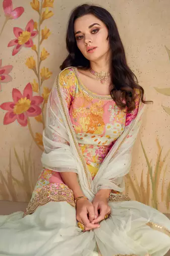 White Embroidered Chinnon Silk Free Size Stitched Straight Palazzo Suit (Size Up to 42")