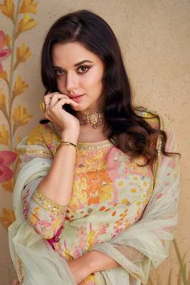 White Embroidered Chinnon Silk Free Size Stitched Straight Palazzo Suit (Size Up to 42") 3