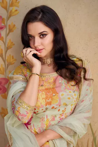 White Embroidered Chinnon Silk Free Size Stitched Straight Palazzo Suit (Size Up to 42")