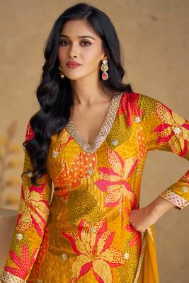 Mustard Embroidered Chiffon Palazzo Suit with Net Dupatta 2