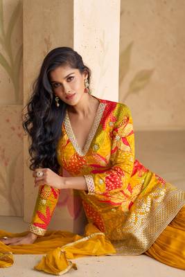 Mustard Embroidered Chiffon Palazzo Suit with Net Dupatta 3