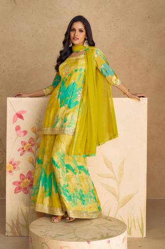 Yellow Embroidered Chinnon Silk Free Size Stitched Straight Palazzo Suit.Free size full stitched Up To 42" Size