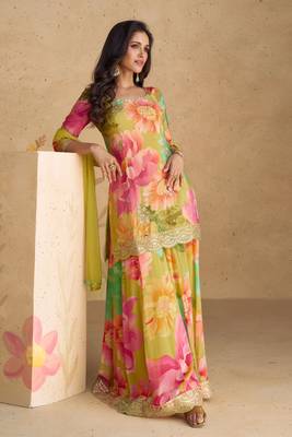 Multicolor Embroidered Chinnon Silk Free Size Stitched Straight Palazzo Suit. (Size Upto 42) 1