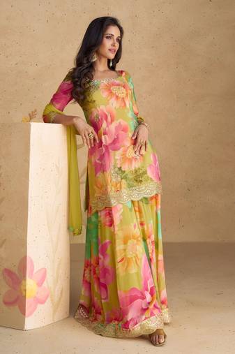 Multicolor Embroidered Chinnon Silk Free Size Stitched Straight Palazzo Suit. (Size Upto 42)