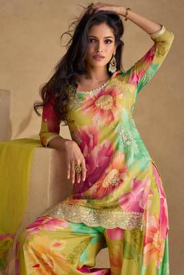 Multicolor Embroidered Chinnon Silk Free Size Stitched Straight Palazzo Suit. (Size Upto 42) 2