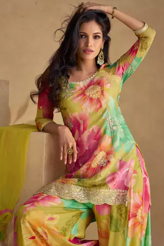 Multicolor Embroidered Chinnon Silk Free Size Stitched Straight Palazzo Suit. (Size Upto 42)