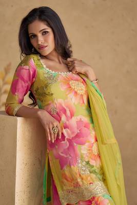 Multicolor Embroidered Chinnon Silk Free Size Stitched Straight Palazzo Suit. (Size Upto 42) 3