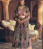 Purple And Beige Embroidered Georgette Free Size Stitched Gown. (Size Upto 42) Free size full stitched Up To 42" Size