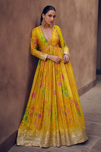 Mustard Embroidered Georgette Free Size Stitched Gown. (Size Upto 42) Free size full stitched Up To 42" Size